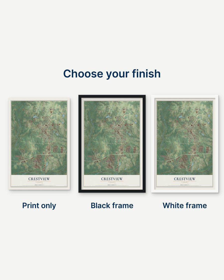 The Crestview, Florida map as a print only, in a black frame and in a white frame