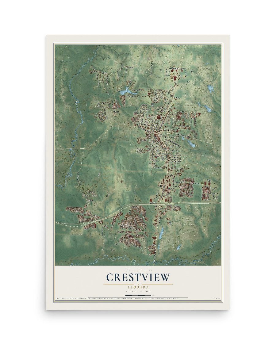 Crestview, Florida map print, 12 x 18 in, print only