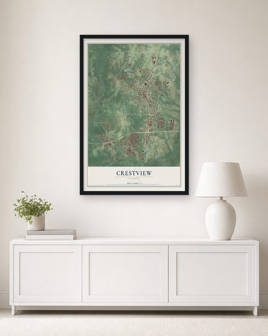 The Crestview, Florida map, 24 x 36 in, in a black wood frame on a living room wall