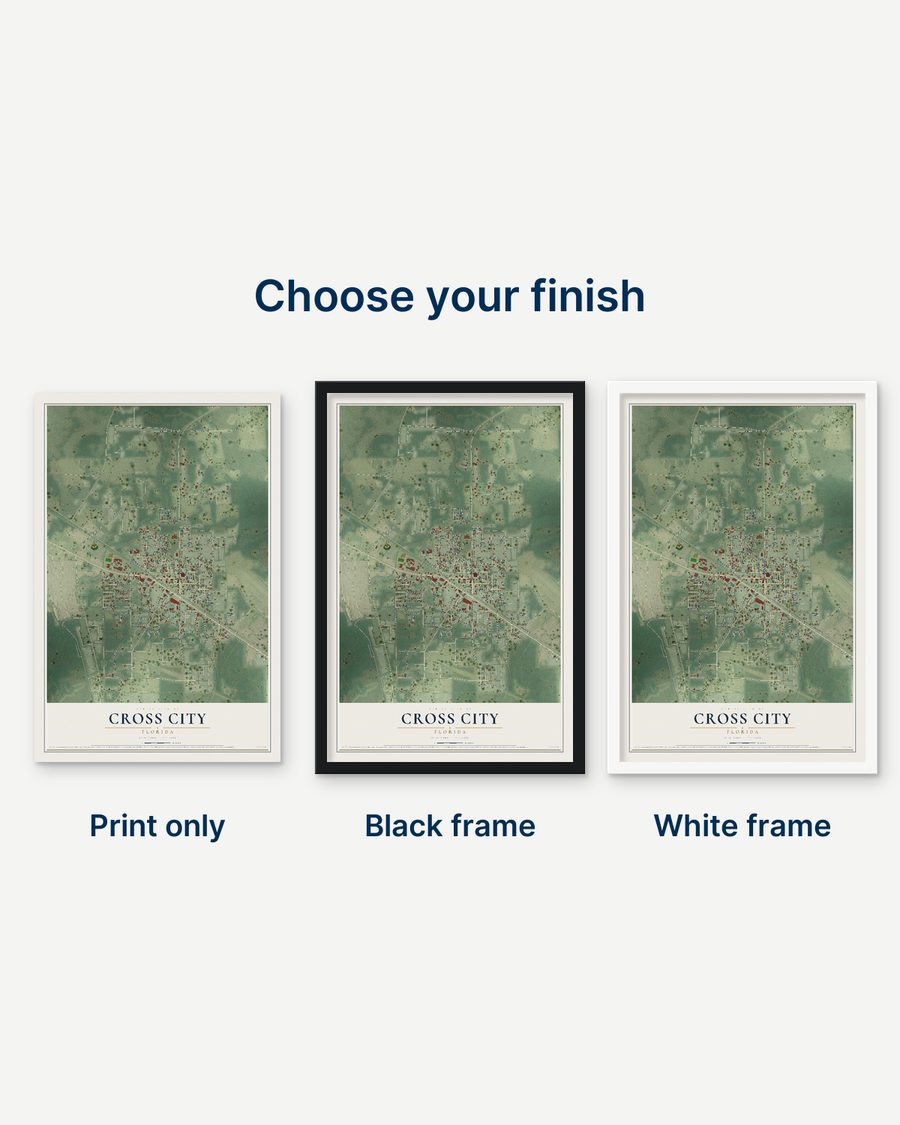 The Cross City, Florida map as a print only, in a black frame and in a white frame