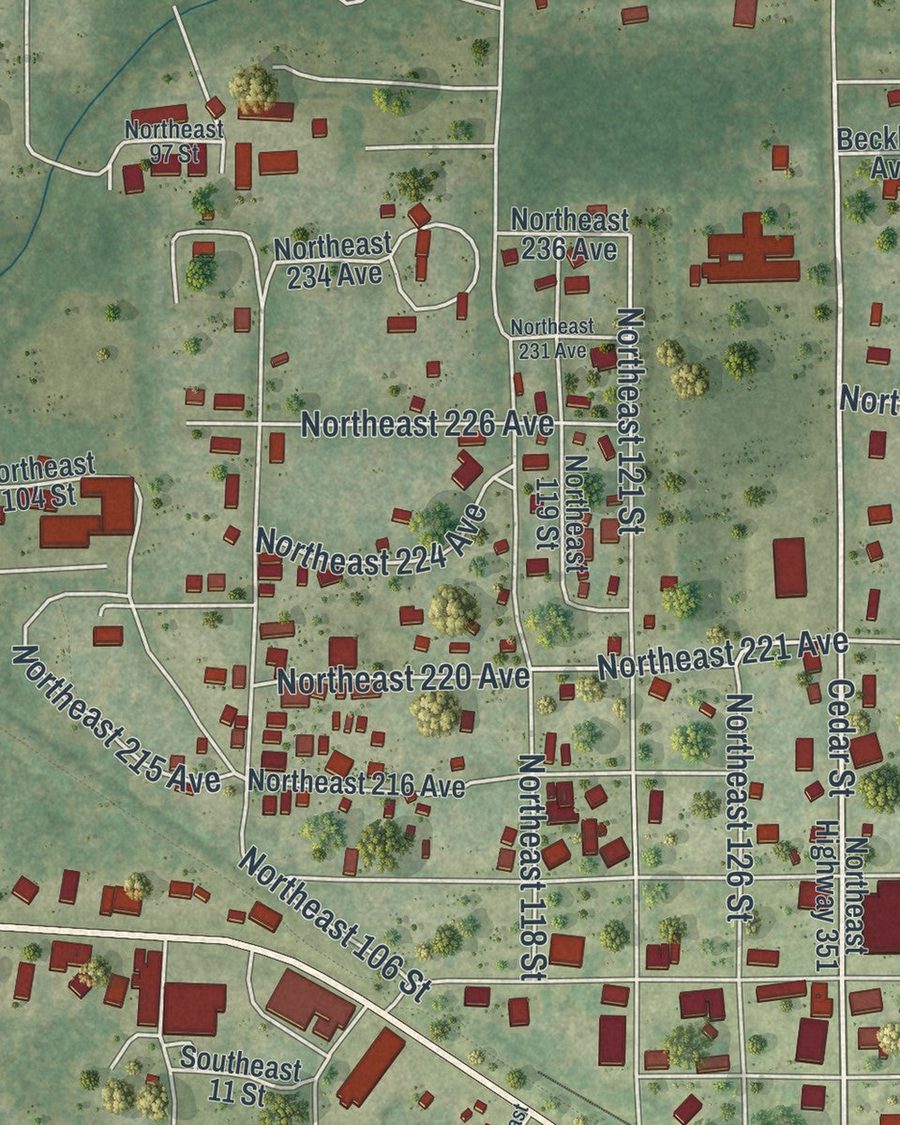 Close-up of Cross City streets on the map