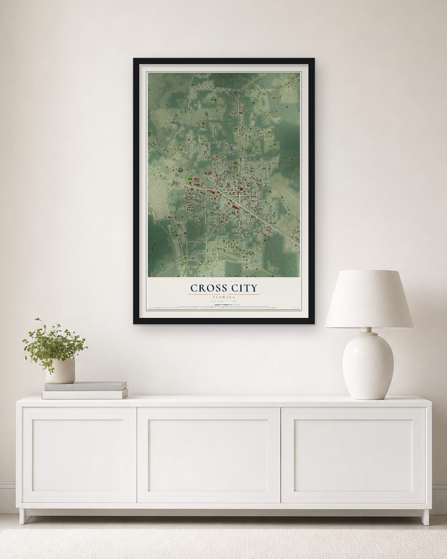 The Cross City, Florida map, 24 x 36 in, in a black wood frame on a living room wall