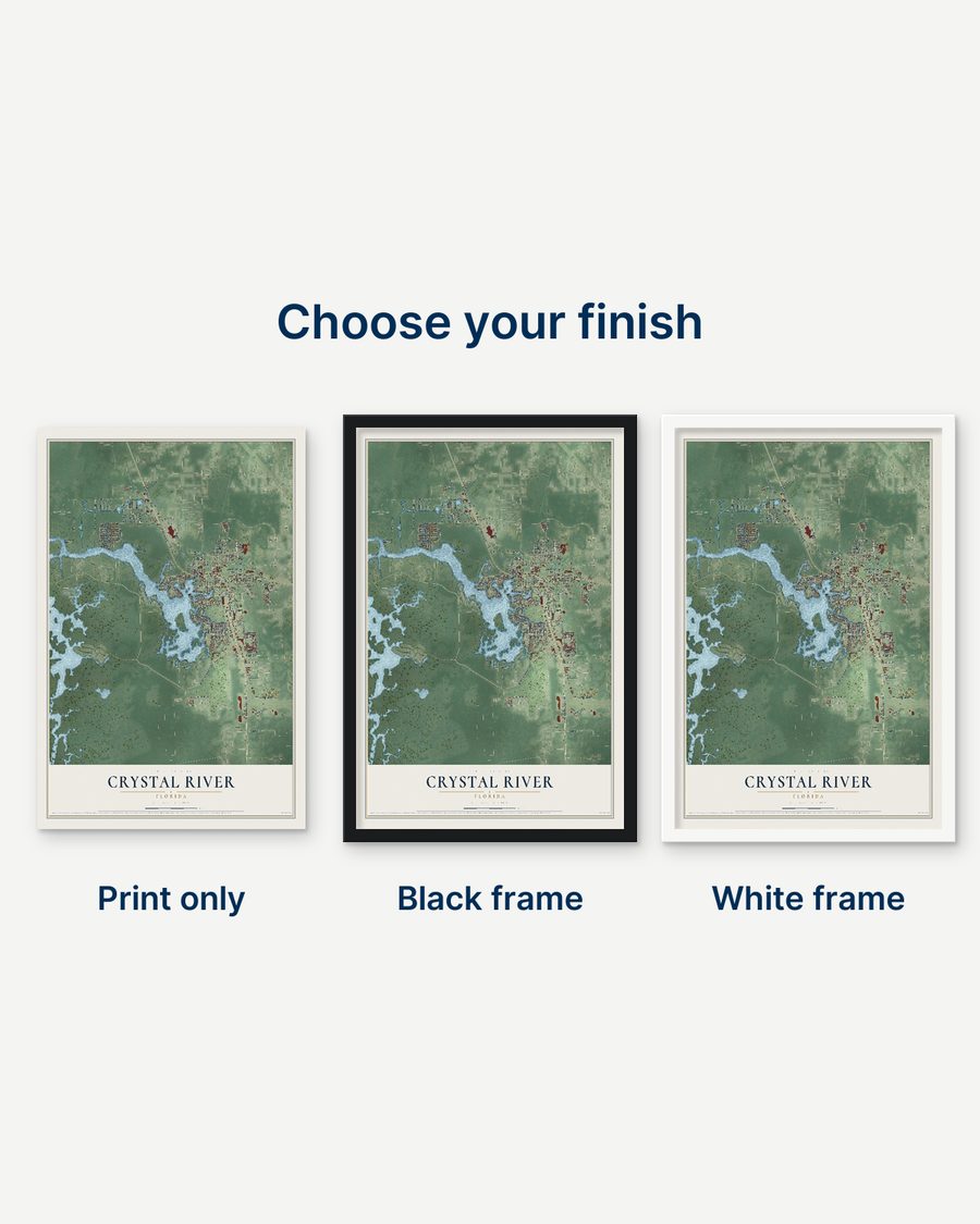 The Crystal River, Florida map as a print only, in a black frame and in a white frame