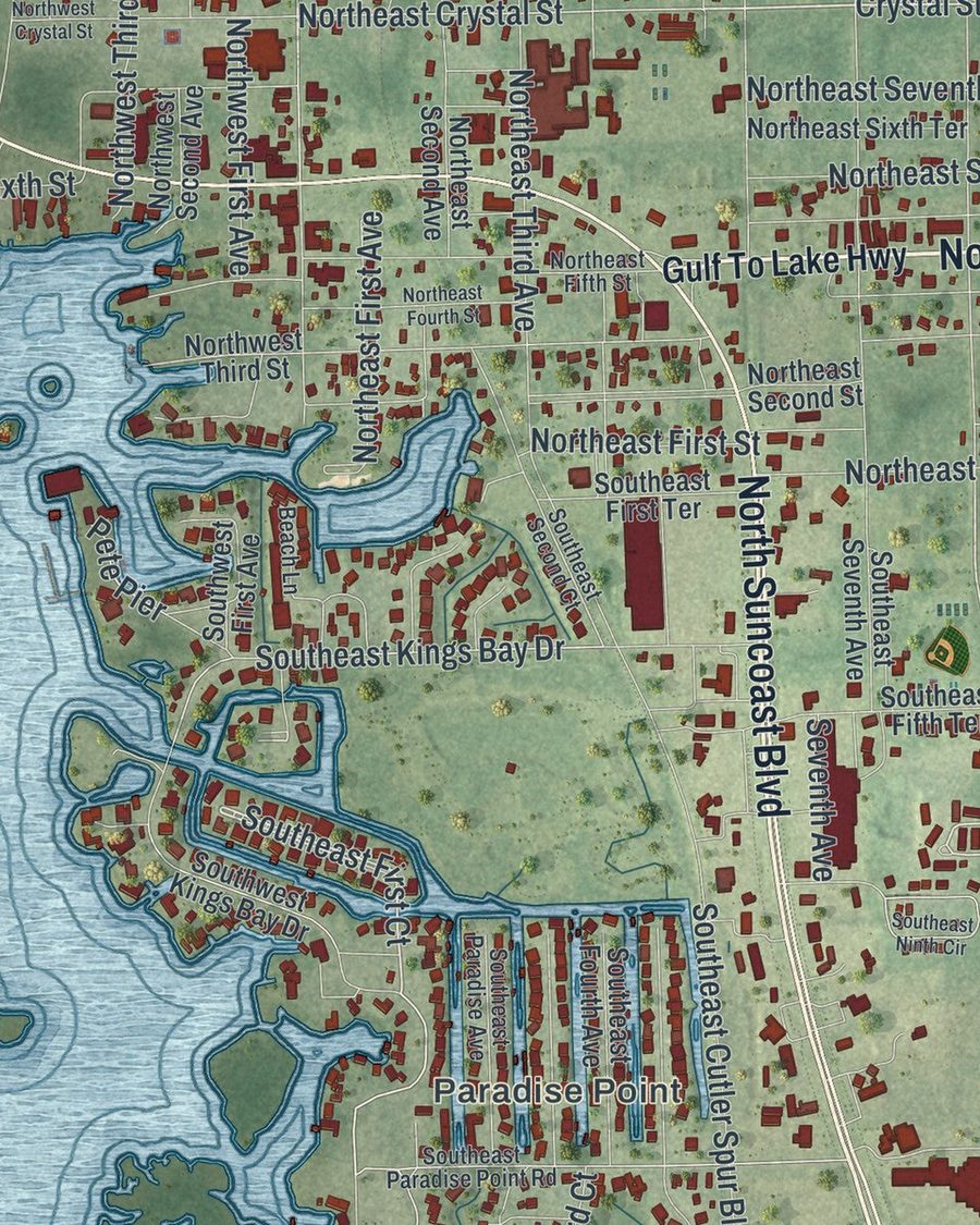 Close-up of Crystal River streets on the map
