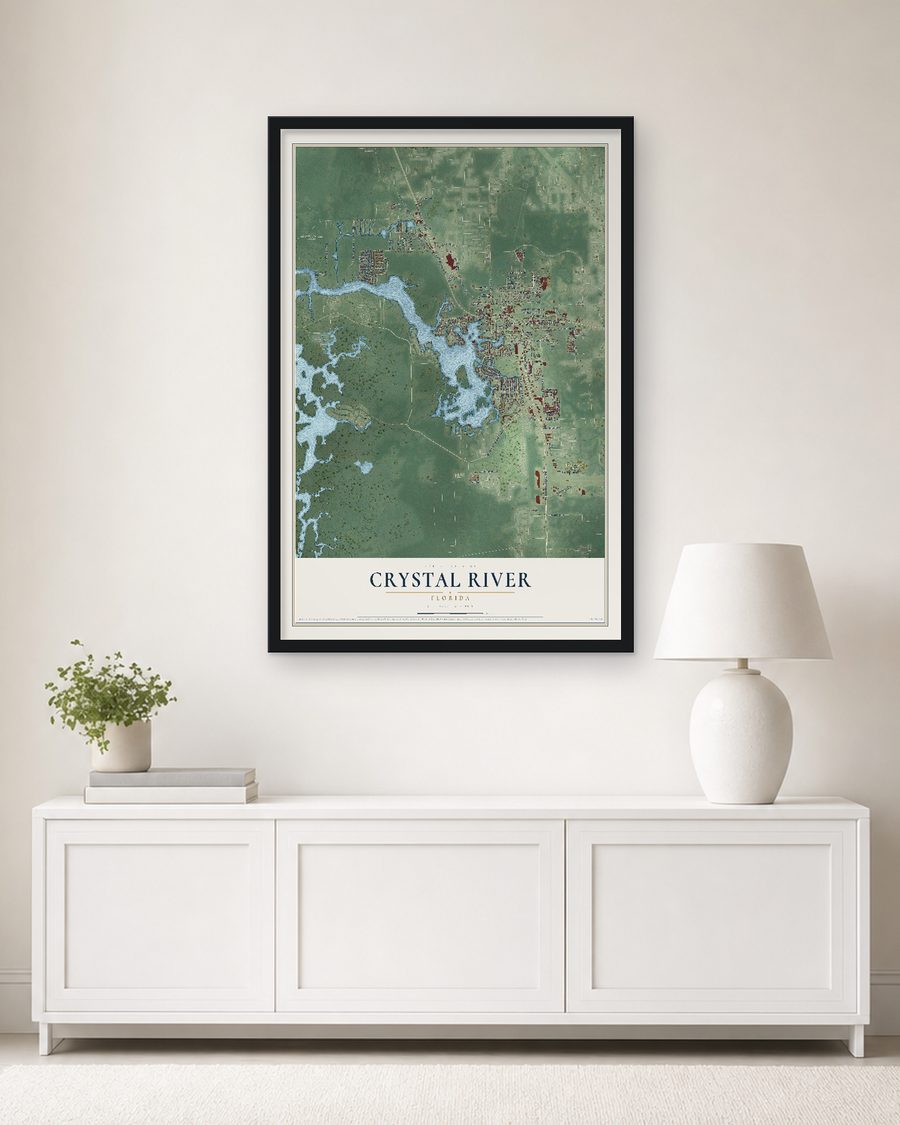The Crystal River, Florida map, 24 x 36 in, in a black wood frame on a living room wall