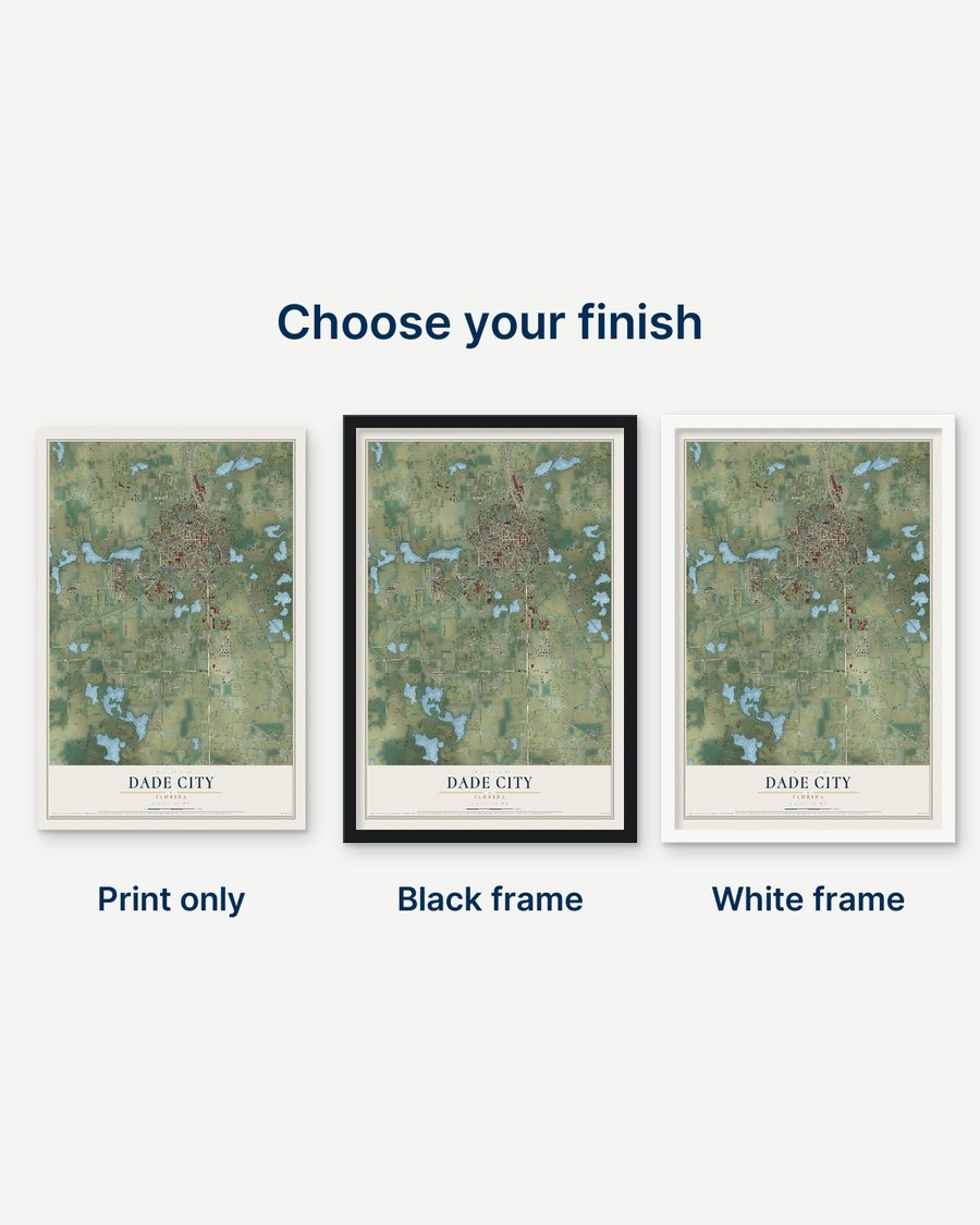 The Dade City, Florida map as a print only, in a black frame and in a white frame