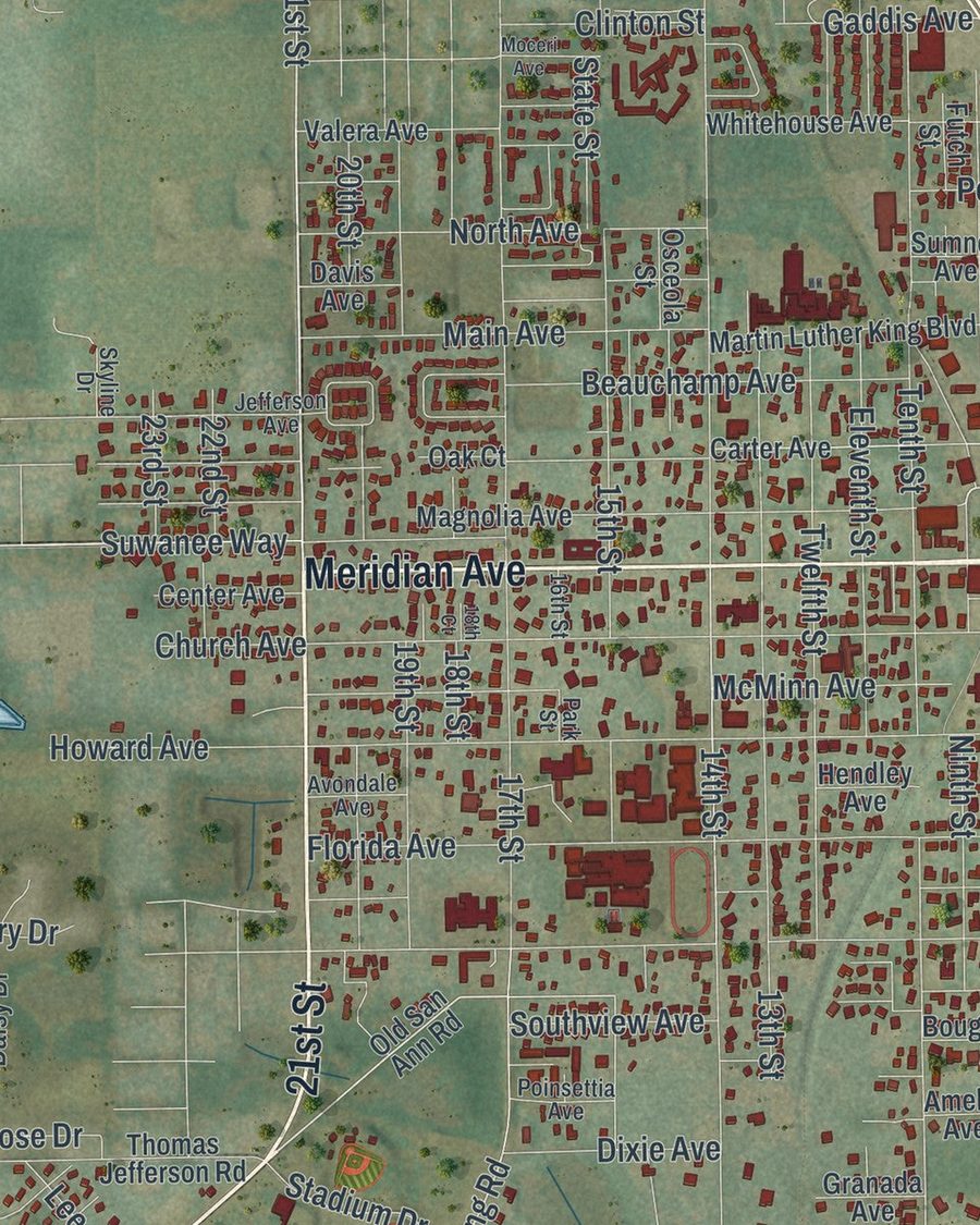 Close-up of Dade City streets on the map