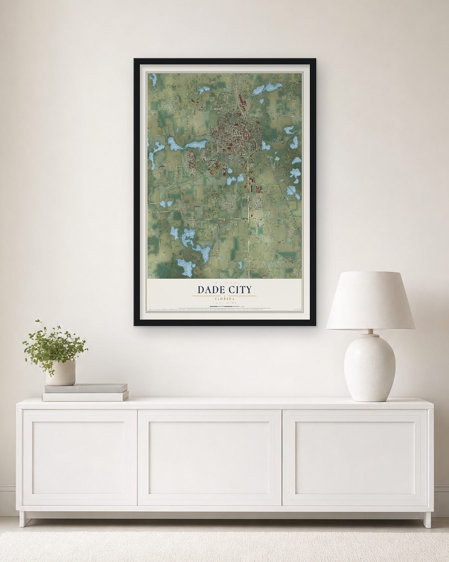 The Dade City, Florida map, 24 x 36 in, in a black wood frame on a living room wall