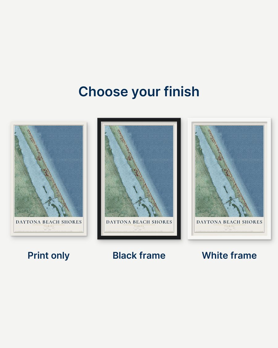 The Daytona Beach Shores, Florida map as a print only, in a black frame and in a white frame