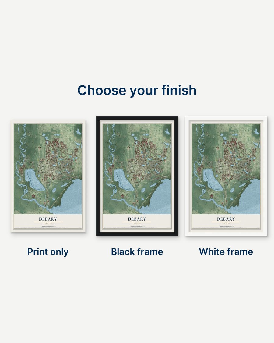 The DeBary, Florida map as a print only, in a black frame and in a white frame