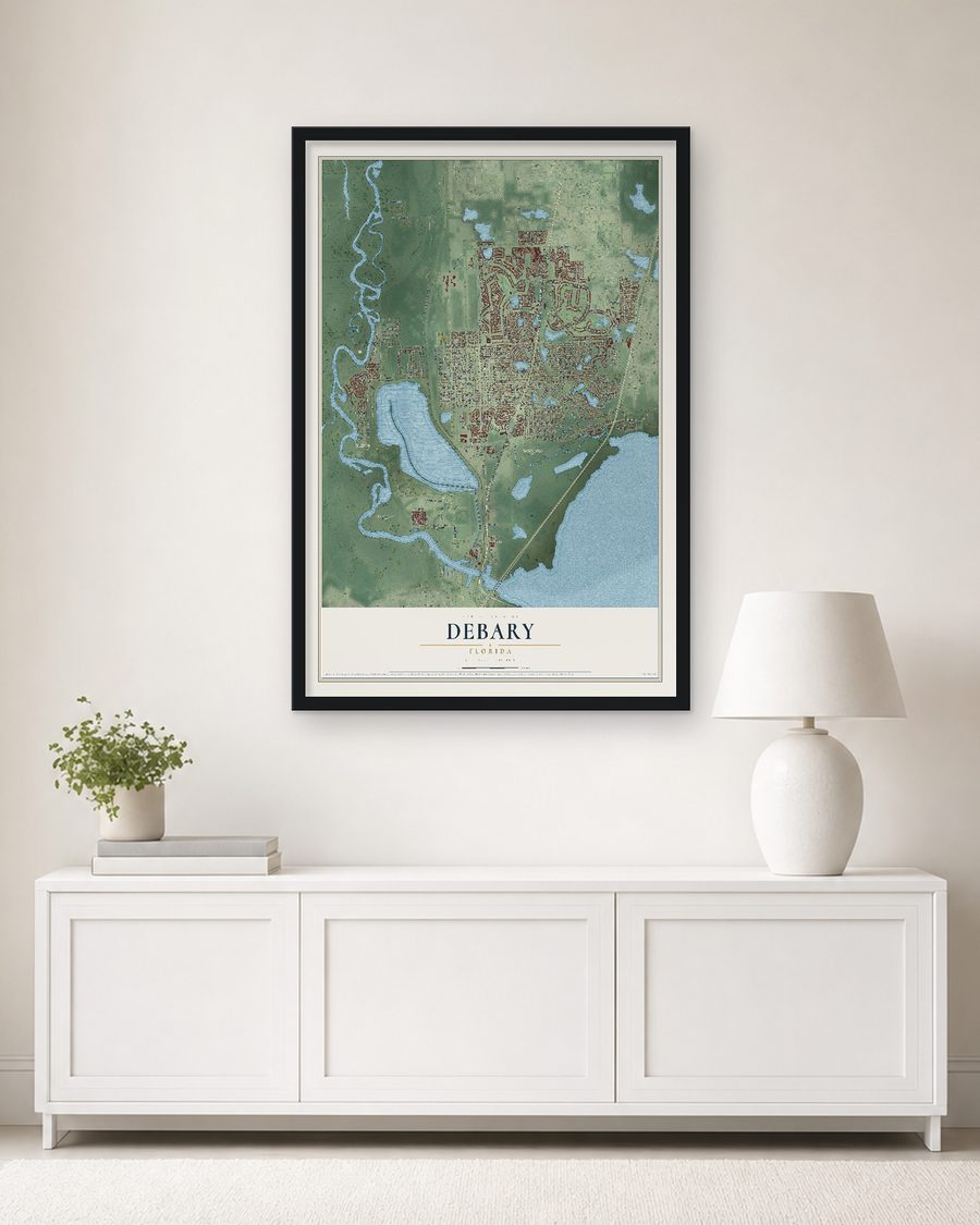 The DeBary, Florida map, 24 x 36 in, in a black wood frame on a living room wall