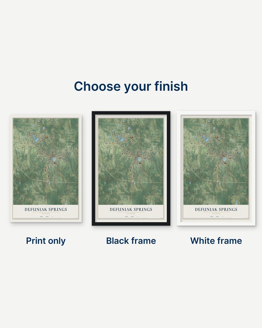 The DeFuniak Springs, Florida map as a print only, in a black frame and in a white frame