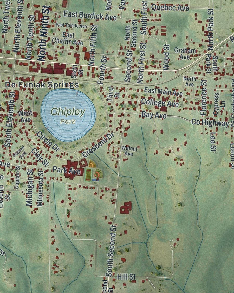 Close-up of DeFuniak Springs streets on the map