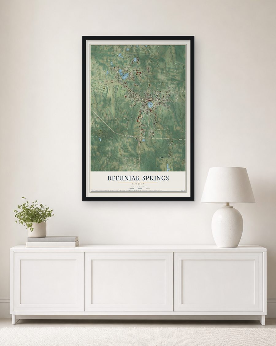 The DeFuniak Springs, Florida map, 24 x 36 in, in a black wood frame on a living room wall