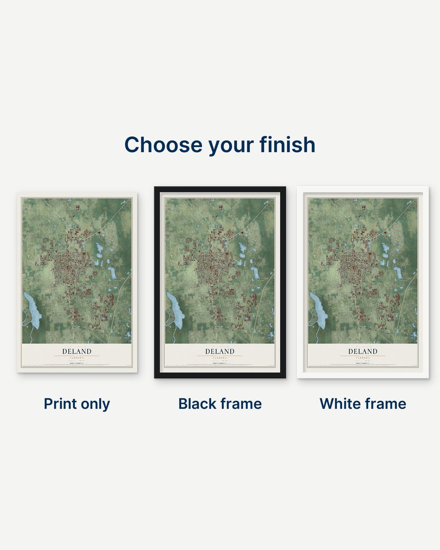 The DeLand, Florida map as a print only, in a black frame and in a white frame
