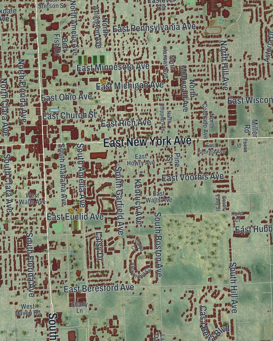 Close-up of DeLand streets on the map