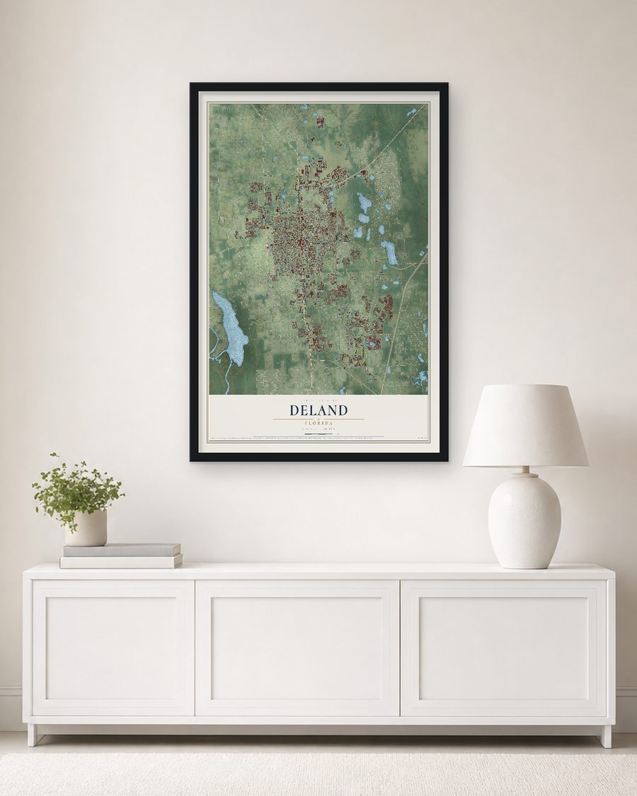 The DeLand, Florida map, 24 x 36 in, in a black wood frame on a living room wall