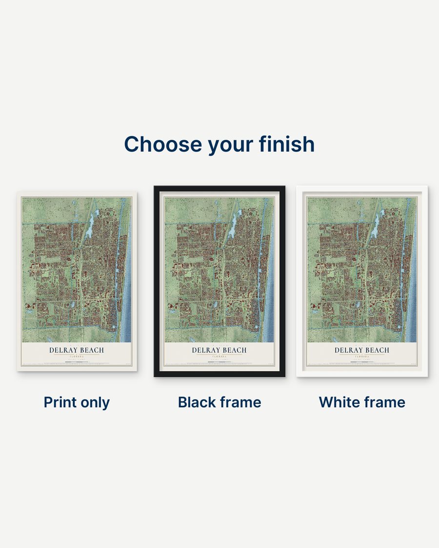 The Delray Beach, Florida map as a print only, in a black frame and in a white frame