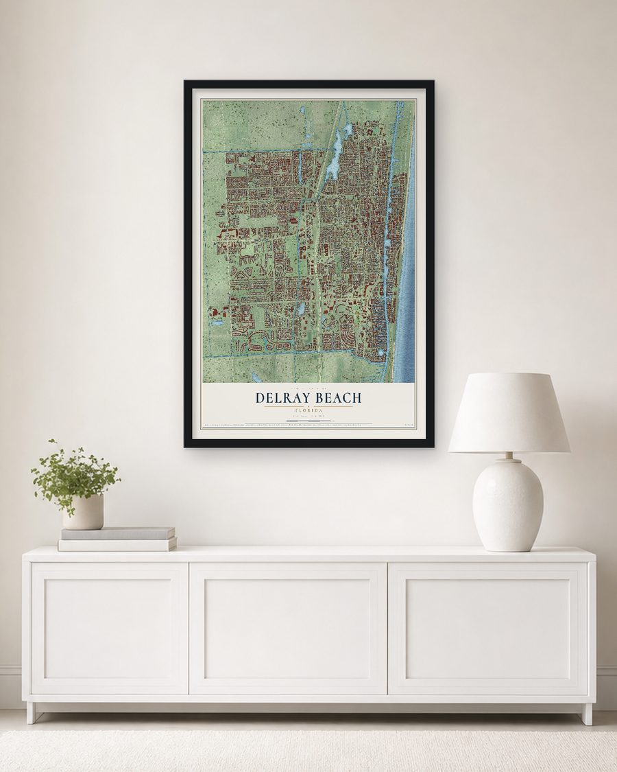 The Delray Beach, Florida map, 24 x 36 in, in a black wood frame on a living room wall