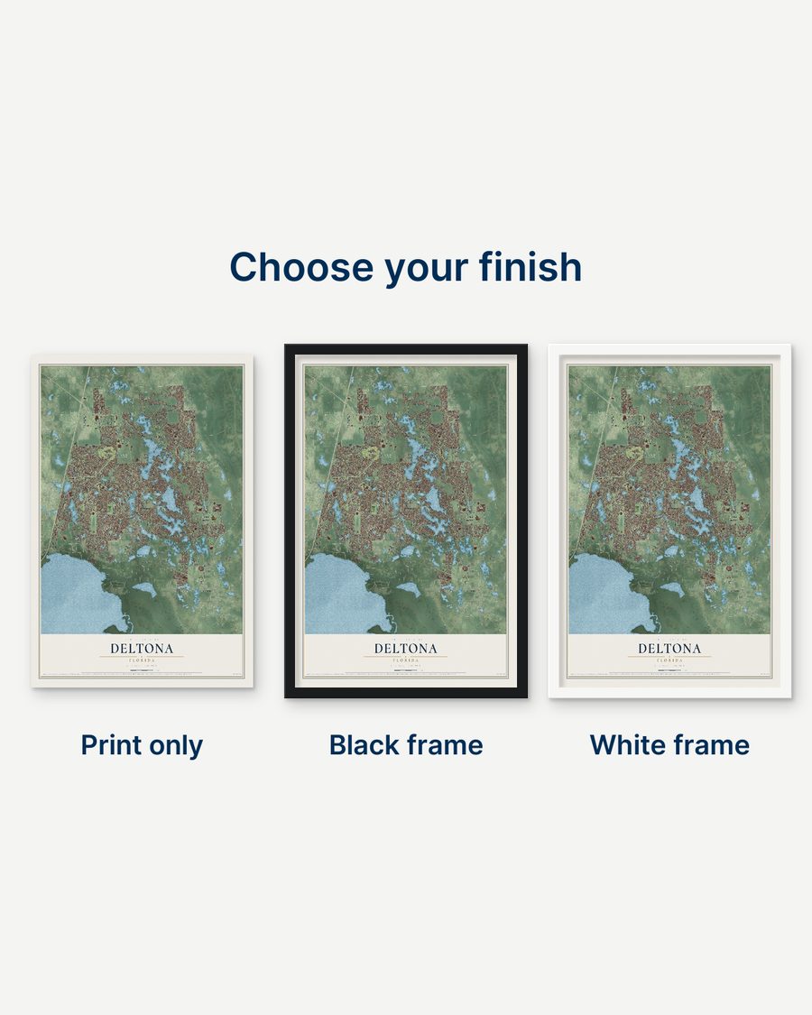 The Deltona, Florida map as a print only, in a black frame and in a white frame