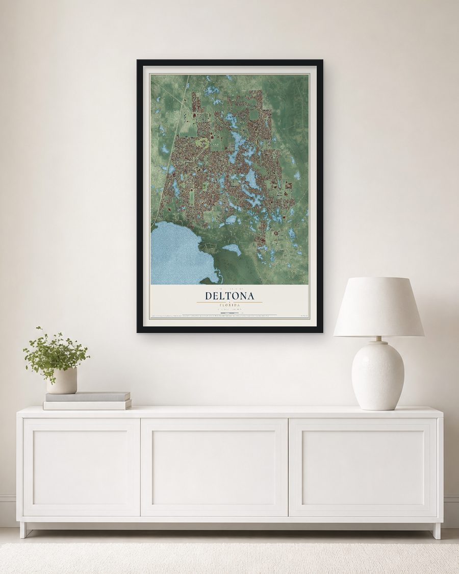 The Deltona, Florida map, 24 x 36 in, in a black wood frame on a living room wall
