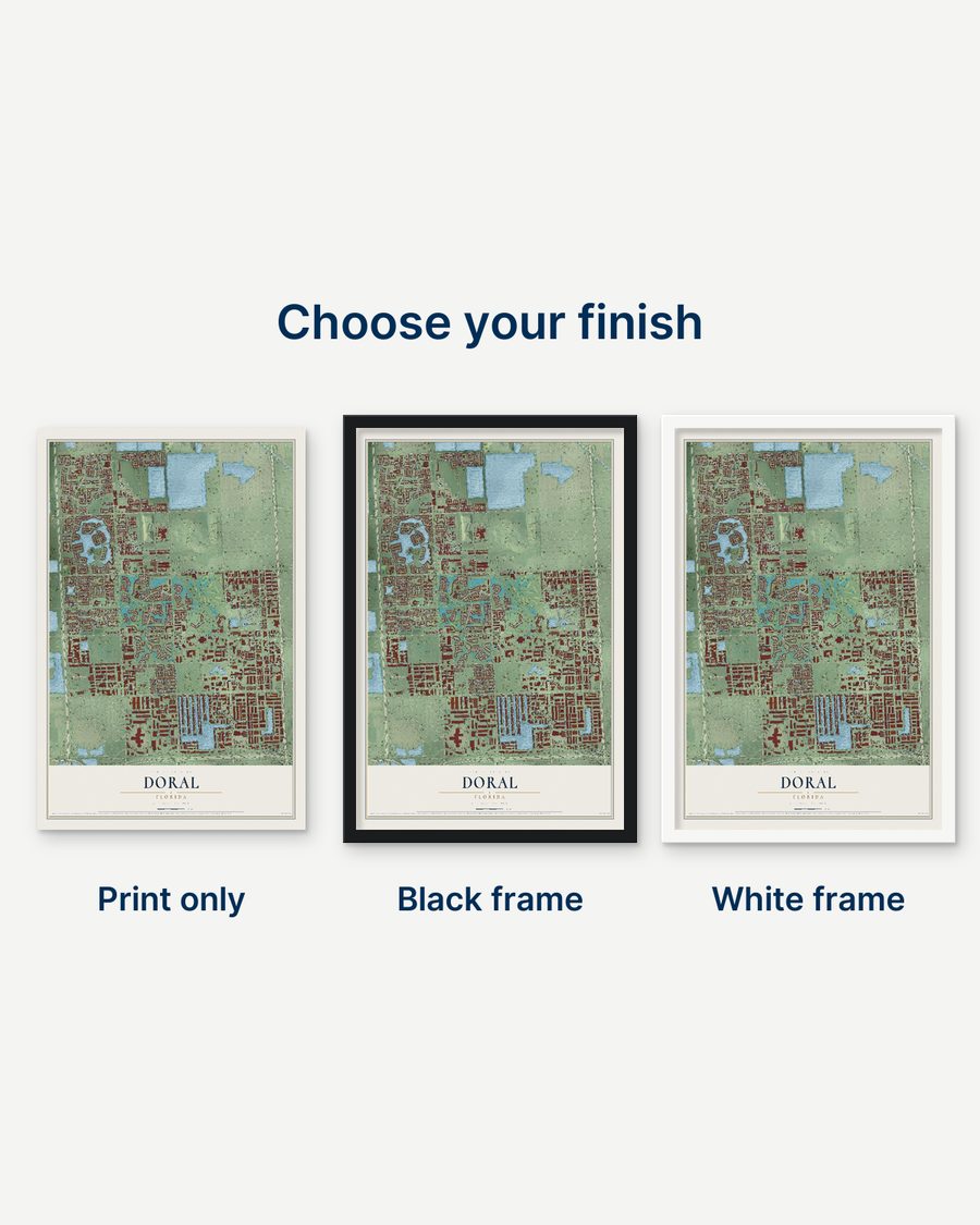 The Doral, Florida map as a print only, in a black frame and in a white frame