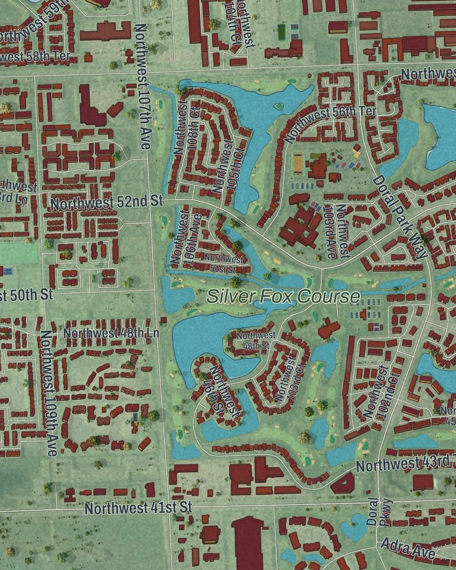 Close-up of Doral streets on the map