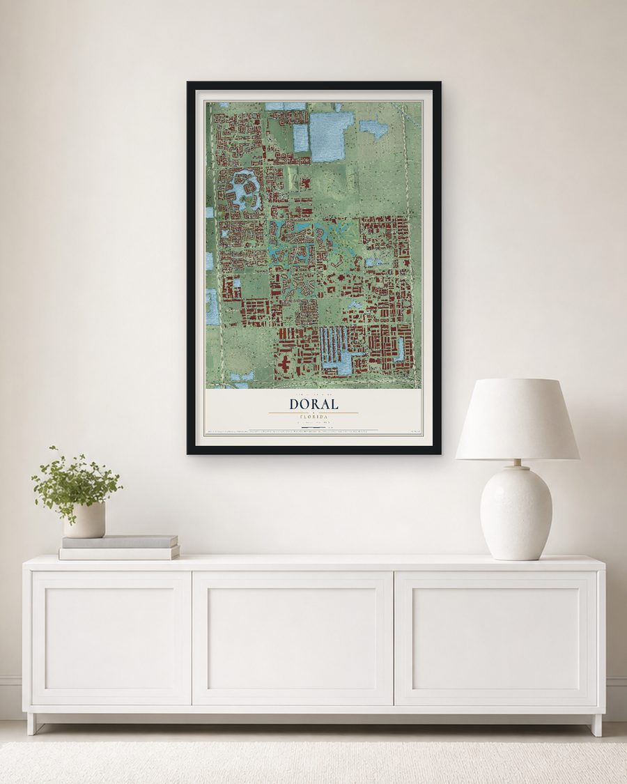 The Doral, Florida map, 24 x 36 in, in a black wood frame on a living room wall