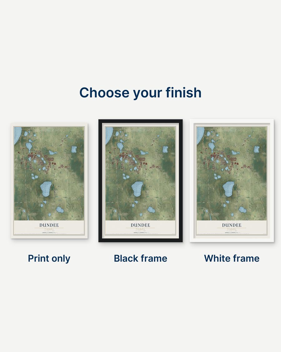The Dundee, Florida map as a print only, in a black frame and in a white frame