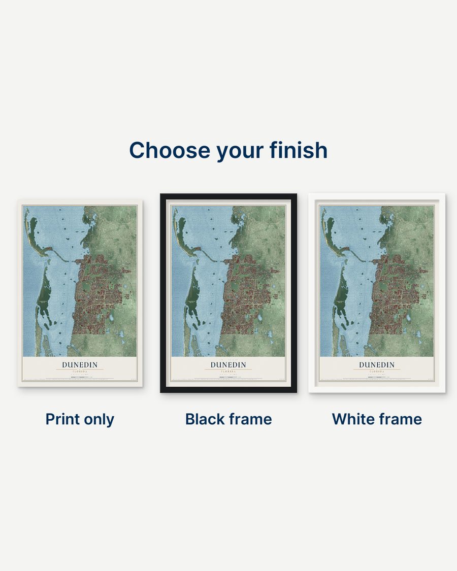 The Dunedin, Florida map as a print only, in a black frame and in a white frame