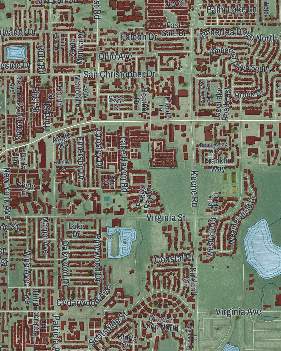 Close-up of Dunedin streets on the map