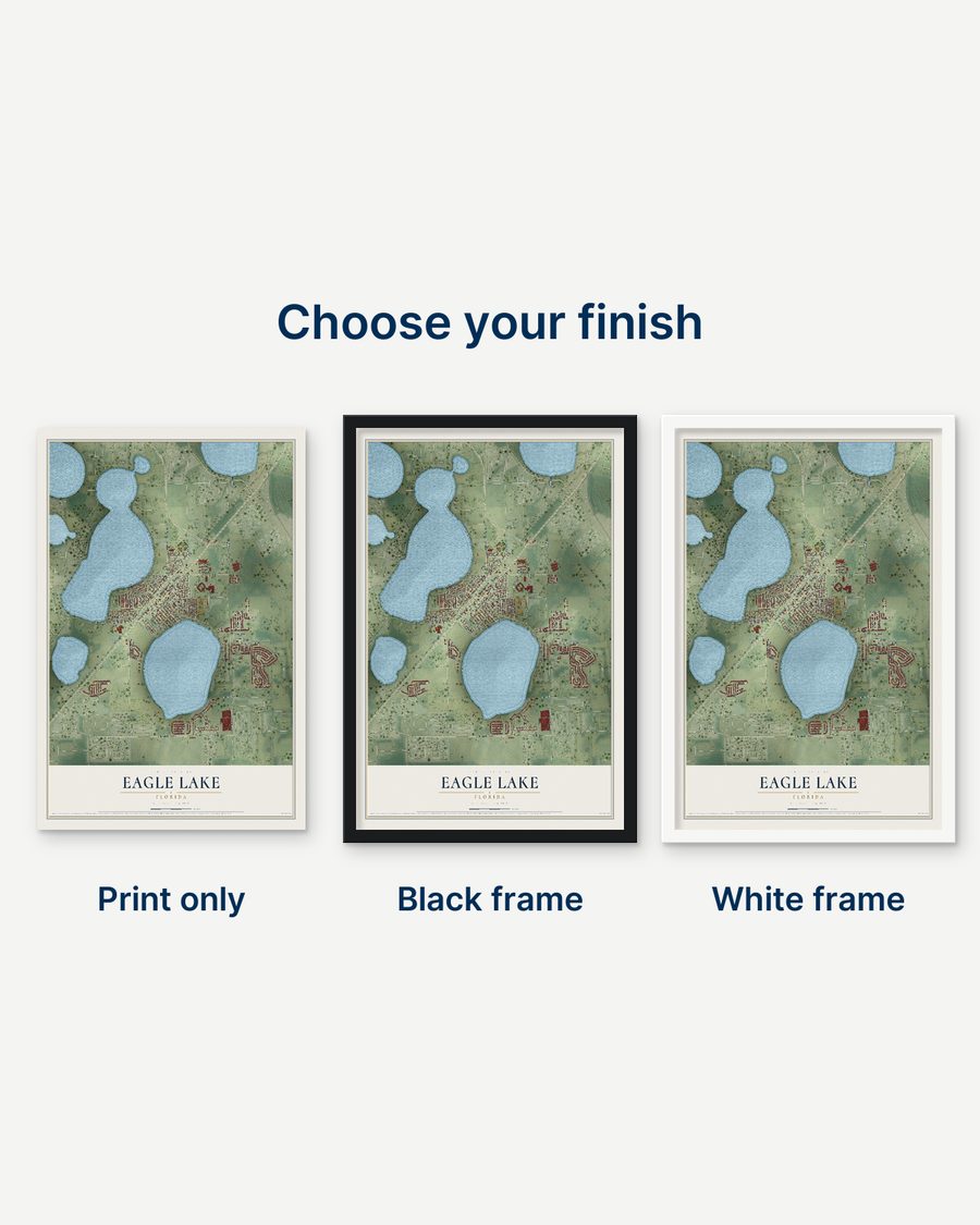 The Eagle Lake, Florida map as a print only, in a black frame and in a white frame