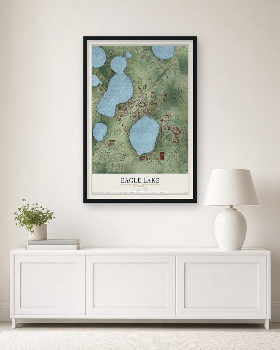 The Eagle Lake, Florida map, 24 x 36 in, in a black wood frame on a living room wall