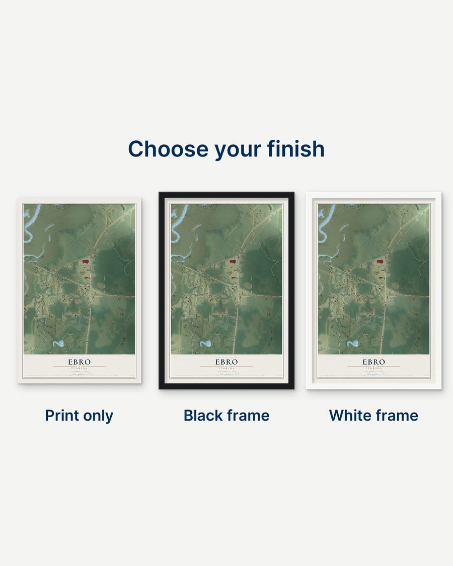 The Ebro, Florida map as a print only, in a black frame and in a white frame