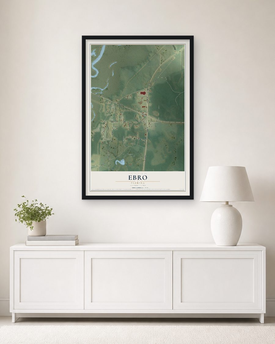 The Ebro, Florida map, 24 x 36 in, in a black wood frame on a living room wall