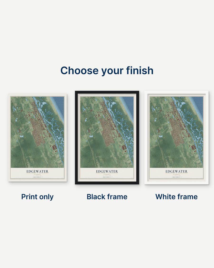 The Edgewater, Florida map as a print only, in a black frame and in a white frame