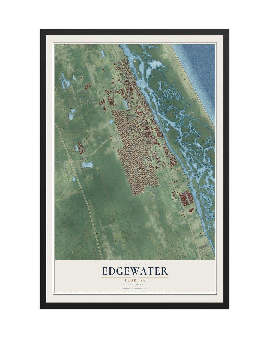 Edgewater, Florida map print, 12 x 18 in, black wood frame