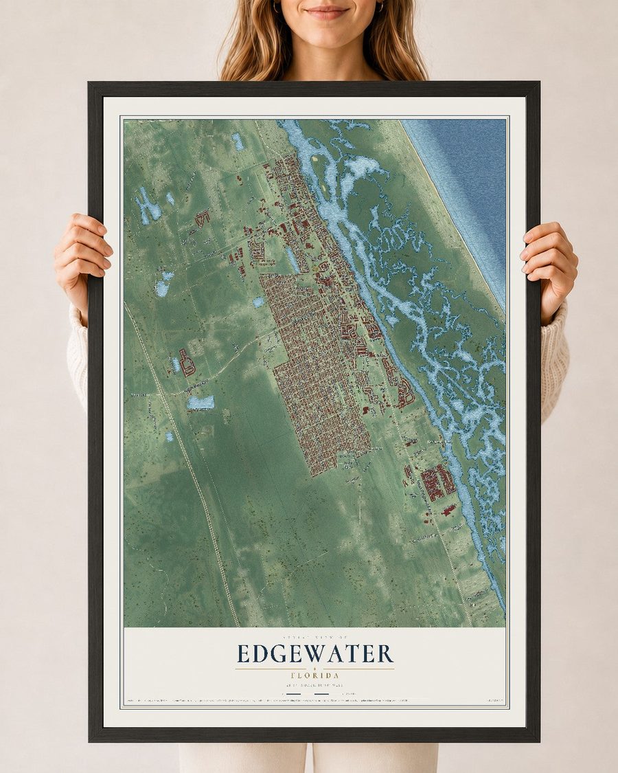 Edgewater, Florida map print, 24 x 36 in, black wood frame