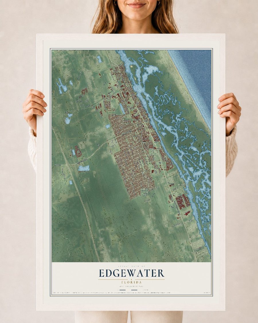 Edgewater, Florida map print, 24 x 36 in, white wood frame