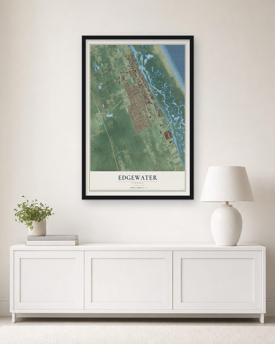 The Edgewater, Florida map, 24 x 36 in, in a black wood frame on a living room wall