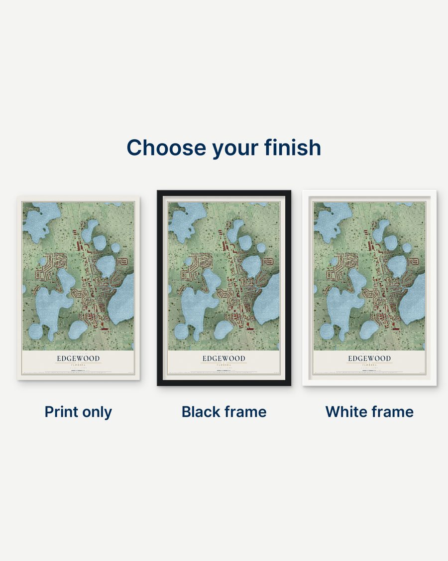 The Edgewood, Florida map as a print only, in a black frame and in a white frame