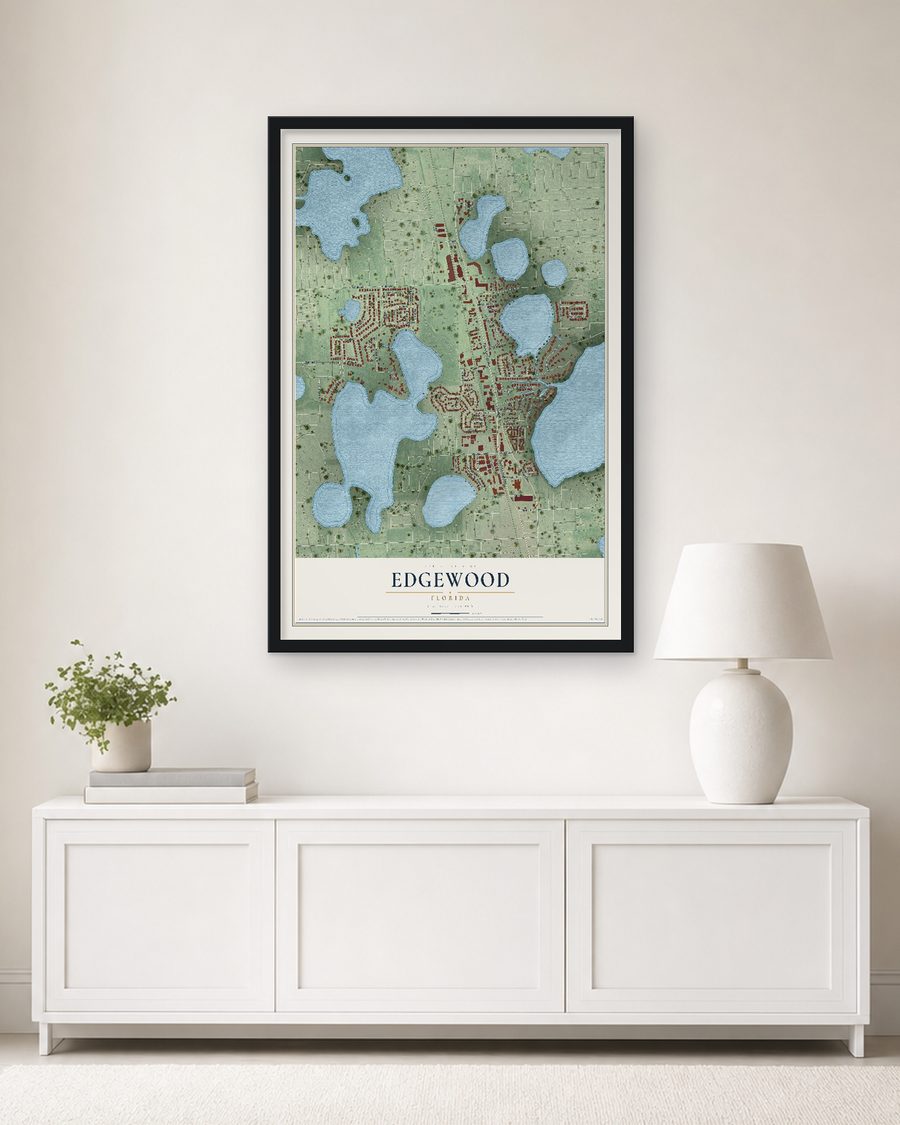 The Edgewood, Florida map, 24 x 36 in, in a black wood frame on a living room wall
