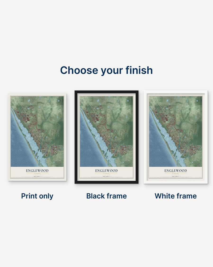 The Englewood, Florida map as a print only, in a black frame and in a white frame
