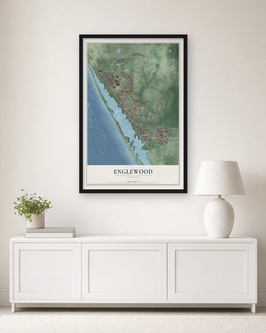 The Englewood, Florida map, 24 x 36 in, in a black wood frame on a living room wall
