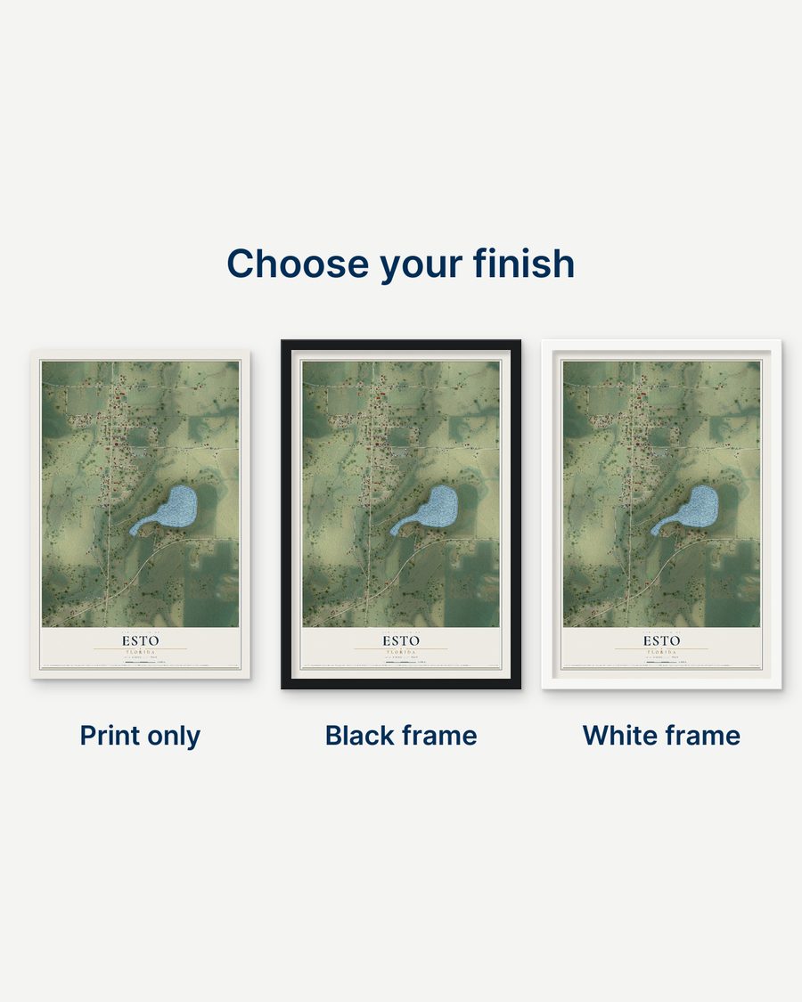 The Esto, Florida map as a print only, in a black frame and in a white frame
