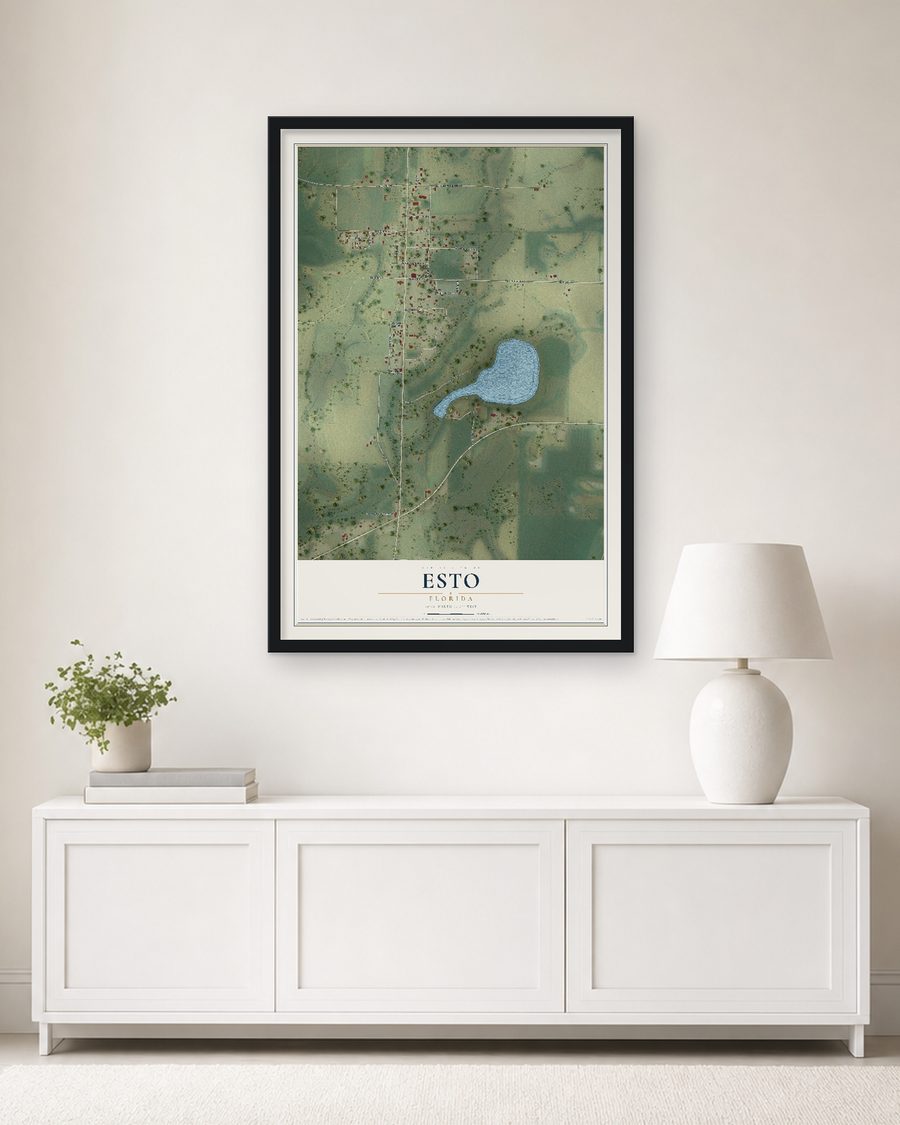 The Esto, Florida map, 24 x 36 in, in a black wood frame on a living room wall