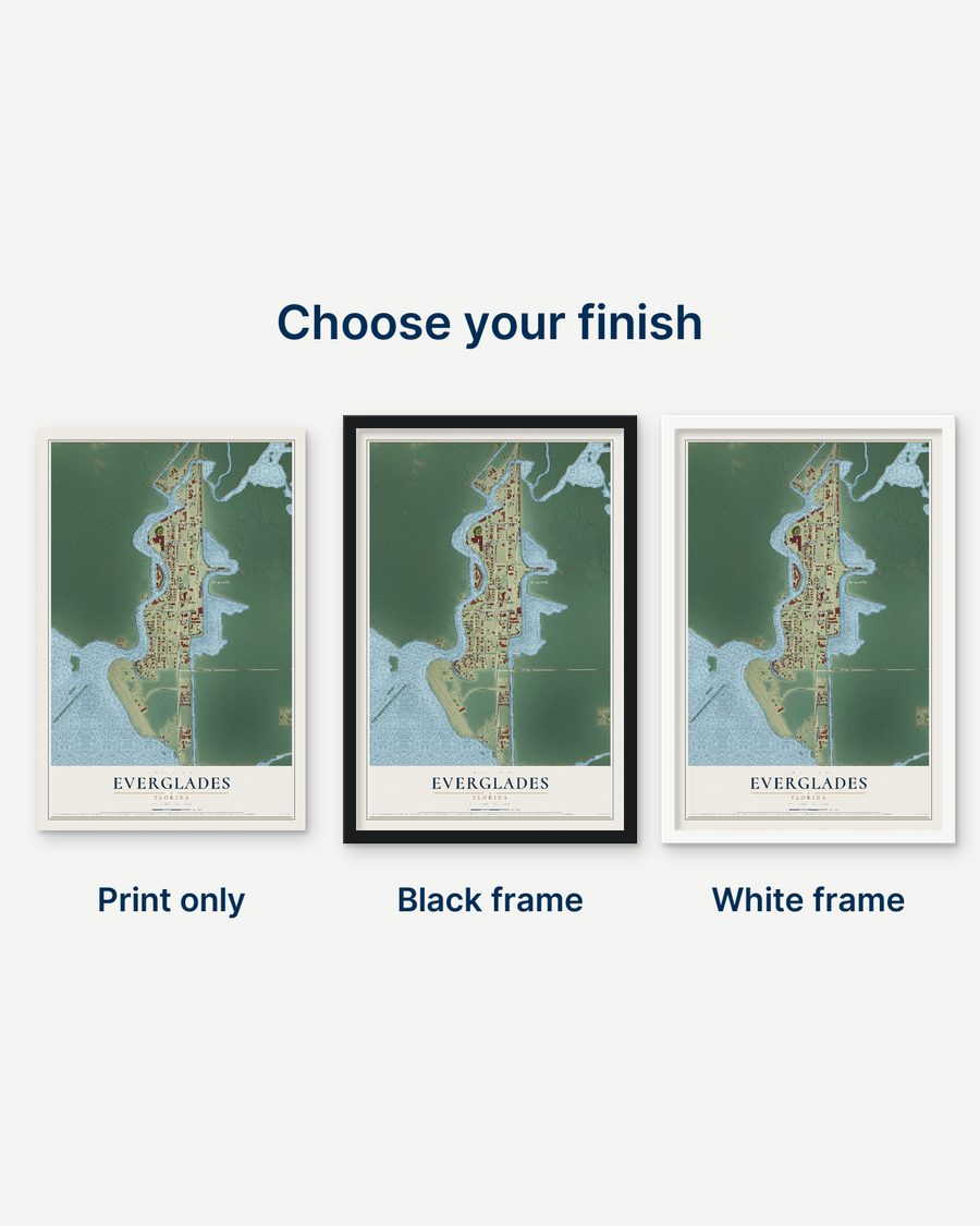 The Everglades, Florida map as a print only, in a black frame and in a white frame
