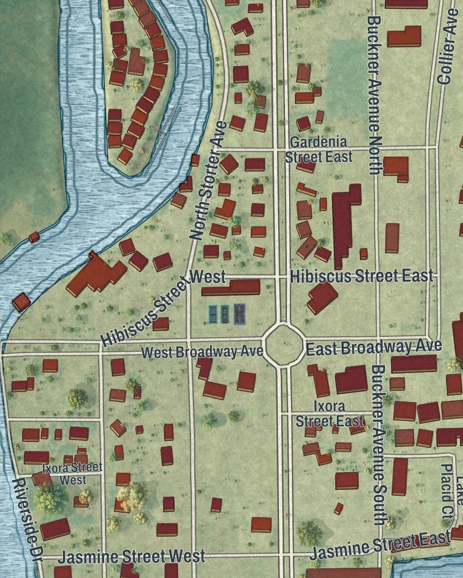 Close-up of Everglades streets on the map