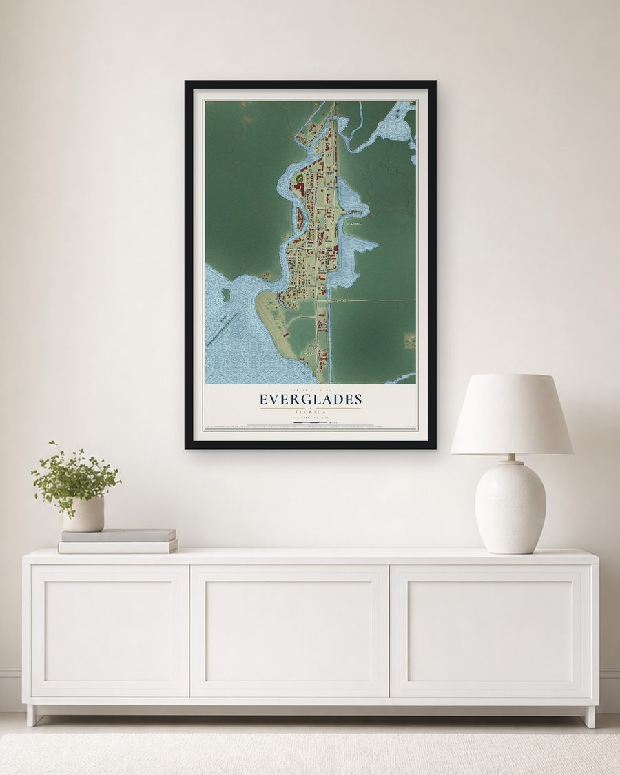 The Everglades, Florida map, 24 x 36 in, in a black wood frame on a living room wall