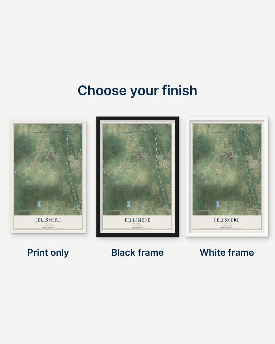 The Fellsmere, Florida map as a print only, in a black frame and in a white frame